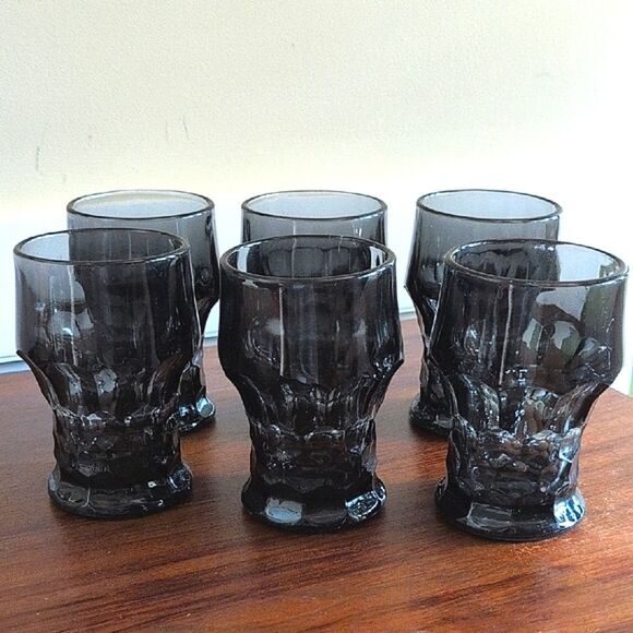 Vintage Anchor Hocking Georgian Smoke Glass 12 ounce Flat Tumbler, Set of 6 - Picture 2 of 11